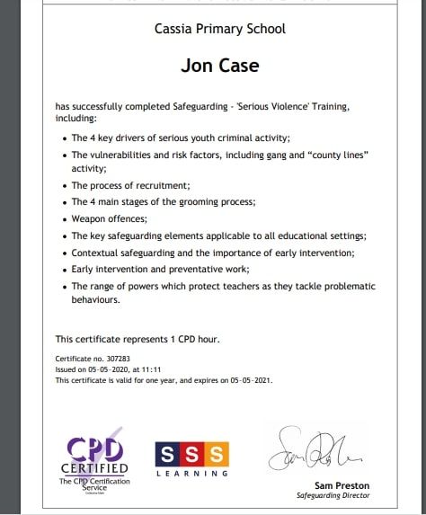 Safeguarding Training portal - screenshot of a certificate