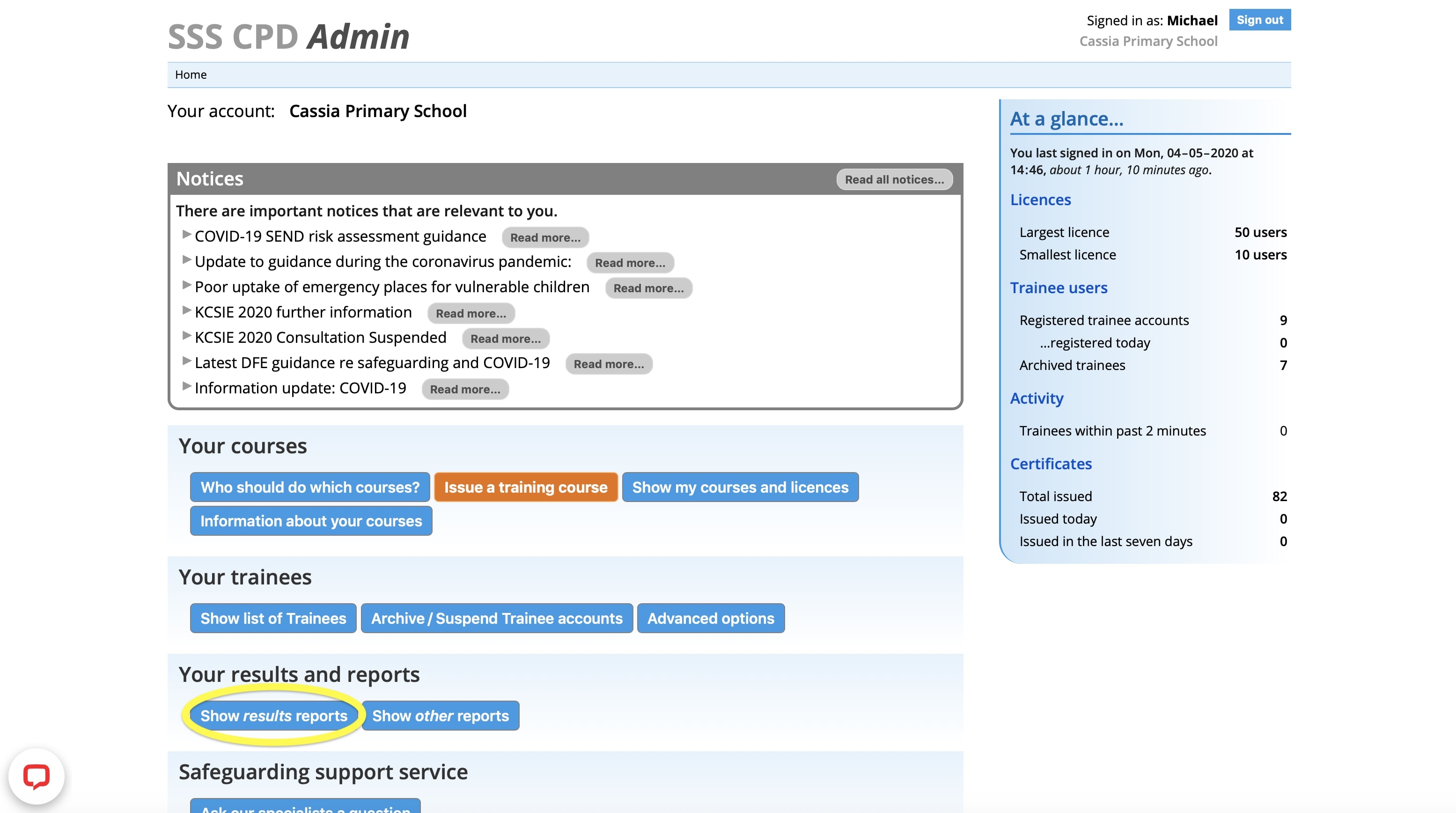 Admin Dashboard - show safeguarding training results reports