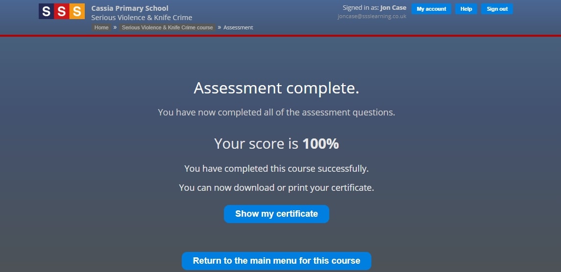 Safeguarding Training portal - assessment complete screenshot