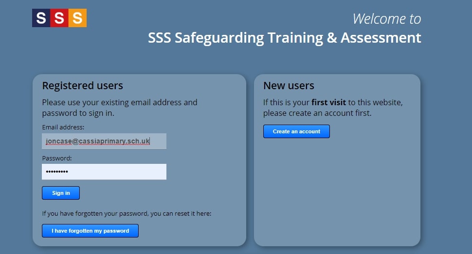 Safeguarding Training portal - log-in screen